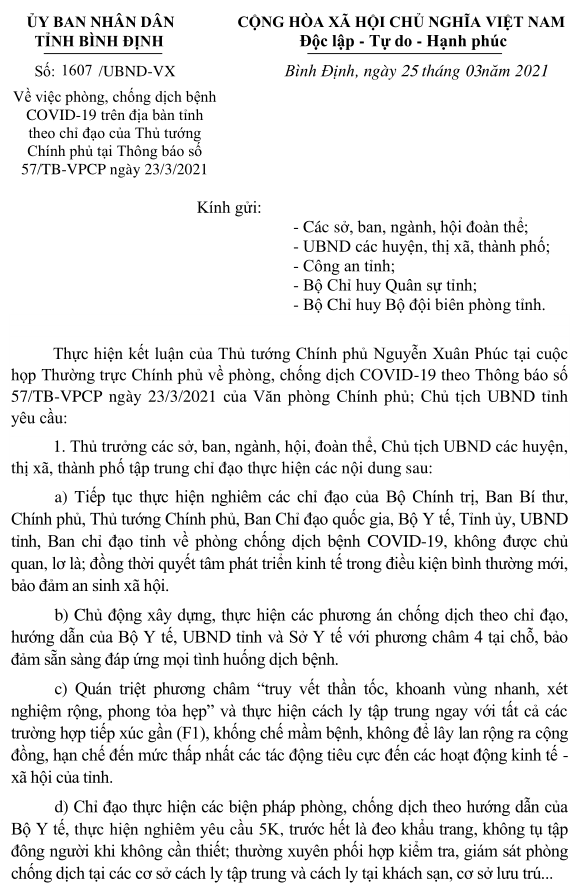 Phòng, chống dịch bệnh Covid-19 trên địa bàn tỉnh theo chỉ đạo của Thủ tướng Chính phủ tại Thông báo số 57/TB-VPCP ngày 23/3/2021