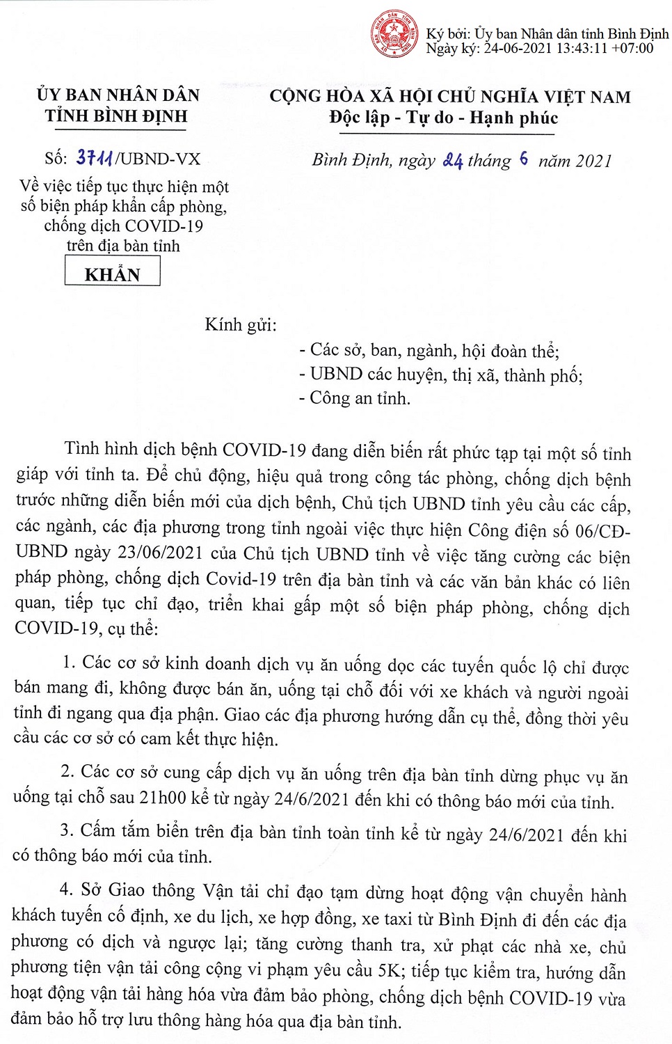 Tiếp tục thực hiện một số biện pháp cấp bách phòng, chống dịch COVID-19 trên địa bàn tỉnh (ngày 24/6/2021)